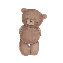 watercolor illustration of a cute toy baby bear. the character stands with his eyes closed and smiles