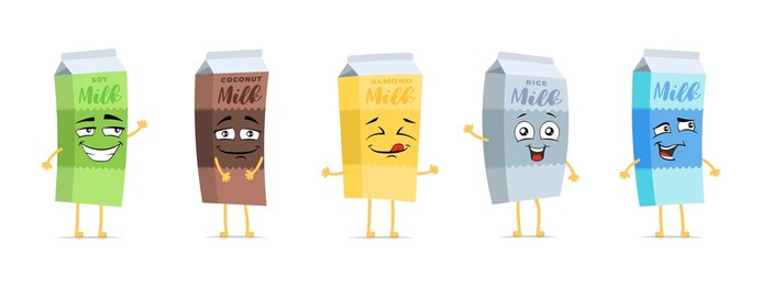 milk cardboard box funny smiling cartoon character set. dairy drink cute happy face expression mascot collection. different milky beverage paper packages joyful comic emoticons vector eps illustration