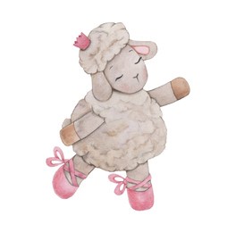 watercolor illustration of a cute cartoon baby ballerina sheep. the animal dances in a pink crown and pointe shoes.