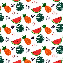 summer pattern with summer elements, watermelon, shoes, flower, pineapple and tropical leaf