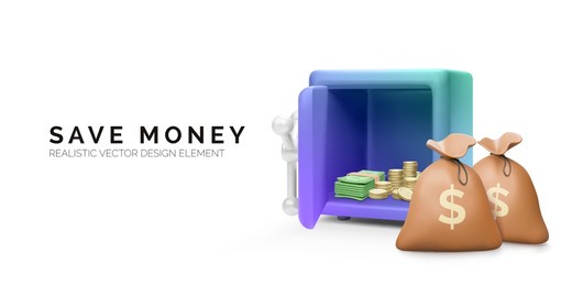 metal safe with open door with dollars and gold coins inside and money bags next. vector illustration