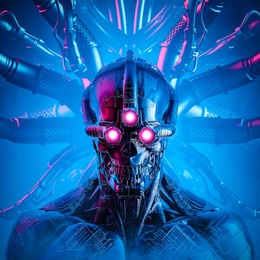 triclops artificial intelligence - 3d illustration of science fiction cyberpunk skull faced three eyed cyborg connected to computer core