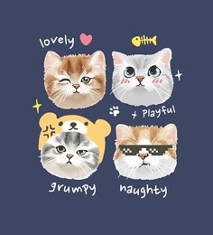 typography slogan with cute cats faces and colorful icons vector illustration