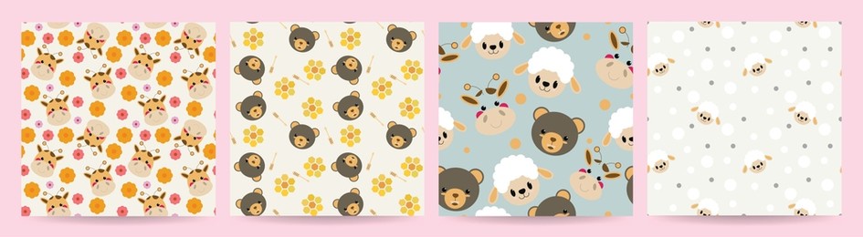 set of cute animal seamless pattern vector. adorable flowers, giraffes, honey, bears, and sheep on background. cute animal repeated in fabric pattern for prints, wallpaper, cover, papers, packaging