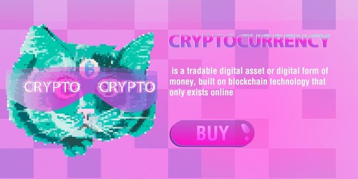cryptocurrency banner. sale and purchase of cryptocurrency. cyberpunk cat.