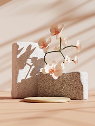 3d podium with orchid flower and bricks on pink background. 3d rendering of realistic presentation for product advertising. 3d minimal illustration.