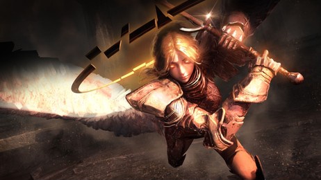 a furious angel girl in plate armor is flying low over the ground with a large two-handed sword preparing for an attack she has red-hot furious eyes and a halo split above her head. 3d rendering.