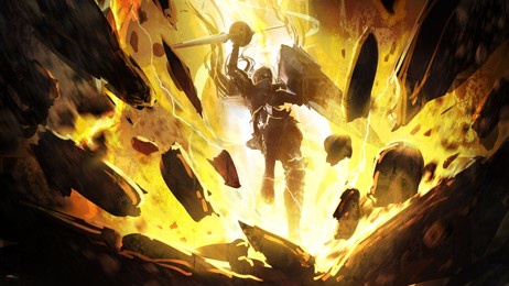 a young spirited paladin girl boldly teleports out of the sky materializing from lightning, she is knight in heavy armor with spear and shield, crushing the rock under her feet into dust. 3d rendering