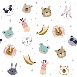 seamless pattern with cute animals faces. childish print. vector cartoon illustration  