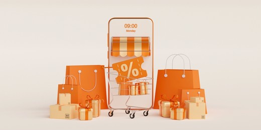 discount code with shopping online application on mobile, 3d illustration