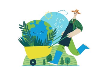 ecology - save the planet -modern flat vector concept illustration of a gardener wearing a hat, apron and boots carrying a garden cart with a globe inside. creative landing web page illustartion