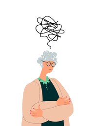 pensive elderly woman, amnesia and mess in head,thoughts.forgetful senior character thinking,alzheimer disease.confused grandmother,forget,try remember.troubled worried old retired.flat illustration