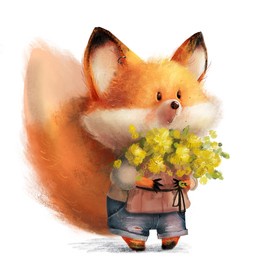 cute lovely fox character with floral bouquet