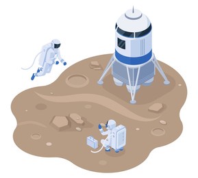 isometric space station, space exploration and colonisation. space explorers on mars or moon, planet  illustration. planet atmosphere or soil study. spacecraft crew doing research