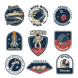 space labels. universe emblems astronaut space exploration science with rockets and helmets professional suit exact vector stickers with place for text