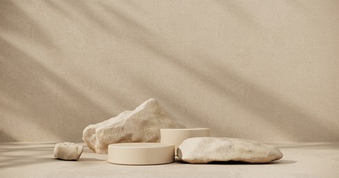 exhibition podium, stand, on pastel light аrchitectural background for premium product -3d render. unobtrusive botanical background  with shadows, natural stones on the wall -trend frame, cover, card.