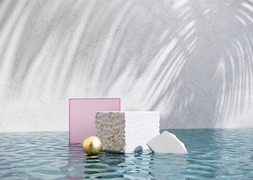 exhibition podium, stand in a pool with clear water for premium product - 3d render. abstract natural,organic background for advertising products, spa body care, relaxation, health.