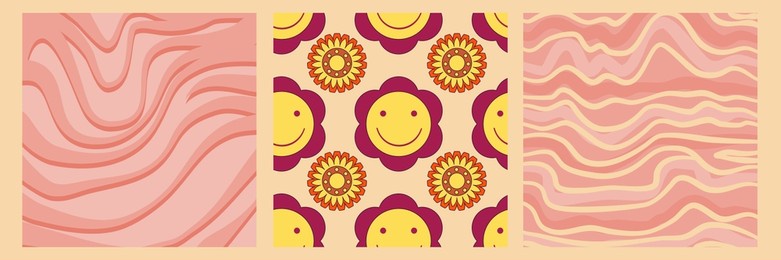 groovy y2k retro pattern with flower and swirl 70s background. daisy flower design. abstract trendy colorful print. vector illustration graphic. vintage print. psychedelic wallpaper