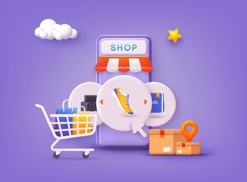 online shopping on application and website concept, digital marketing online, shopping cart with new items on smartphone screen. 3d web vector illustrations.