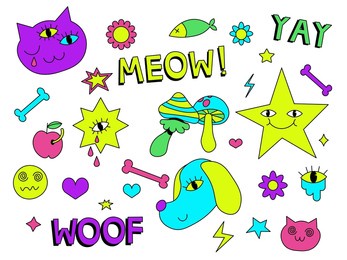 set of hipster retro cool psychedelic elements. a collection of groovy cliparts from the 70s. editable stroke. abstract design of cartoon stickers. trend vector illustration eps