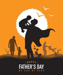 happy father's day. dad is like a big tree in the shade of which we are all free. my father is my hero. dad and the kids are playing. yellow background silhouette man. vector illustration art.