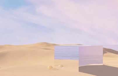natural summer beach scene with a podium for product display. 3d rendering.