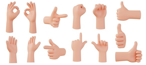 hands gestures 3d cartoon, collection icon character hand set, isolated on white background, 3d render illustration