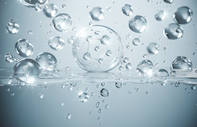 cosmetic moisturizer water molecule, cosmetic essence, liquid bubble, molecule inside liquid bubble on water background, 3d rendering
