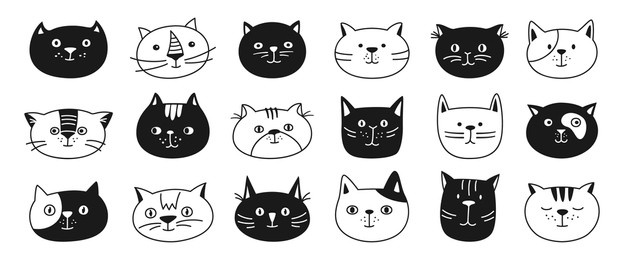 cat head emotion sketch doodle character set. cute kitten kawaii faces line icon. smiling cats funny childish baby flat sticker. isolated clipart illustration print template for card, poster, cover