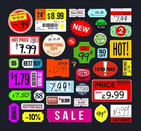 sticker set. price stickers. peeled paper stickers. price tag. sale stickers isolated on black background. vector illustration
