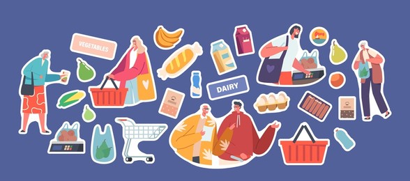 set of stickers young people help elderly characters shopping in grocery store. kind selfless volunteers support pensioners, assist aged men and women to buy products in shop. cartoon vector patches