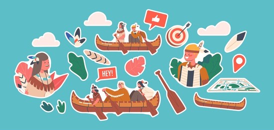 set of stickers native indian american children swim on canoe, indigenous kids characters wear costumes rowing on wood kayak boat. canoeing, cosplay party isolated patches. cartoon vector illustration
