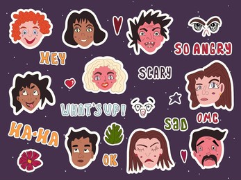 doodle emotion faces collection with lettering. hand drawn vector stickers set