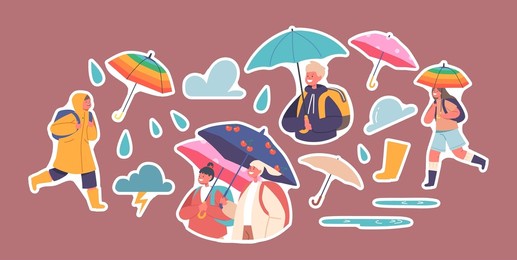 set of stickers kids walk under umbrella, boys and girls characters with backpack walking by puddles at rainy weather to school. autumn season, monsoon, storm forecast. cartoon people vector patches