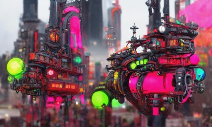 a strange futuristic device with a glowing face-screen against blurred background of a futuristic abstract cyberpunk landscape. futuristic 3d illustration.