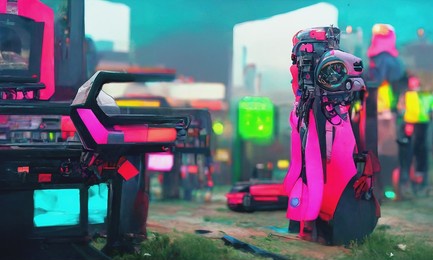 a strange futuristic device with a glowing face-screen against blurred background of a futuristic abstract cyberpunk landscape. futuristic 3d illustration.