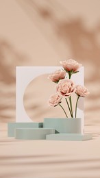 3d rendering template product podium in portrait with pink red rose and light brown background