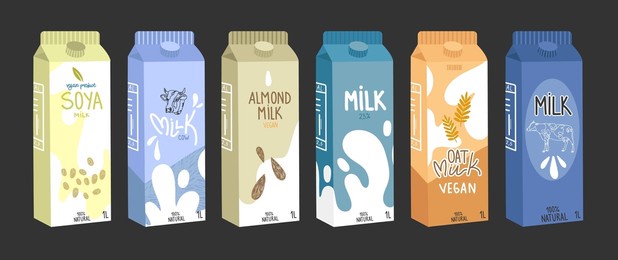 collection of milk vector box stickers. a set of regular milk, oats, soy, rice milk. packing a bottle of milk in trendy hand-drawn bright colors