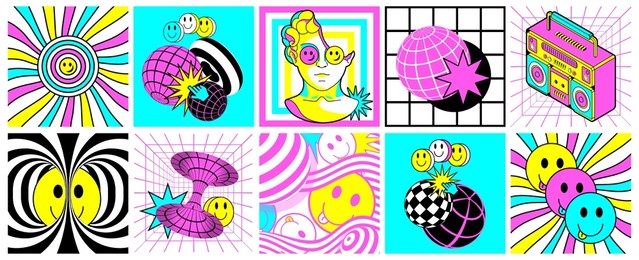 psydub 90s psychedelic trippy stickers. rave acid set of surreal backgrounds and trip square social media posts with fun surreal vortex geometry. vector art and signs. weird 90s style.