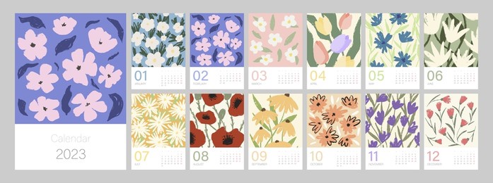 floral calendar template for 2023. vertical design with bright colorful flowers and leaves. editable illustration page template a4, a3, set of 12 months with cover. vector mesh. week starts on monday.