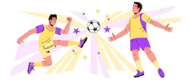 soccer or football match tournament backdrop with male players. football championship and sport match banner or flyer layout, flat cartoon vector illustration isolated on white background.