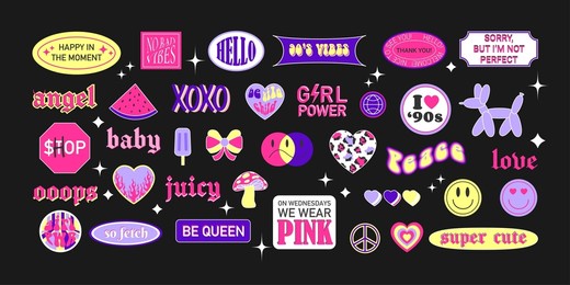 cool trendy girly retro stickers with smile faces, cartoon comic label patches. geek hipster vaporwave stickers in geometric shapes. vector illustration of y2k , 90s graphic design badges