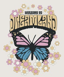 vintage butterfly illustration with daisy flowers and dreamland slogan print for graphic tee t shirt or poster - vector