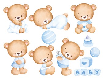set of watercolor cute baby boy bear 