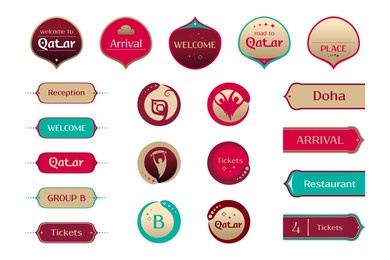 world of qatar, set of icons, buttons, frames, arrows with traditional and modern graphic elements, 2022 trends, illustration