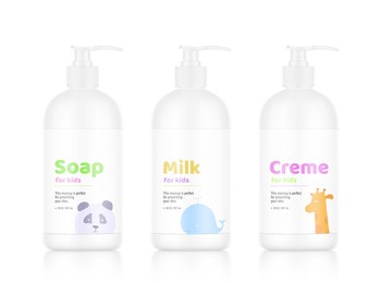 realistic bottles with white dispensers and sample label designs. vector illustration isolated on white background. perfect for promote your product. eps10.