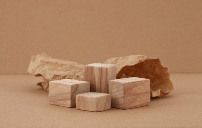 wooden eco rustic platform podium on beige background. minimal empty display product presentation scene.