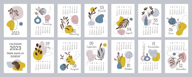 calendar template for 2023. vertical design with abstract floral patterns. editable vector illustration, set of 12 months with a cover. the week starts on sunday.