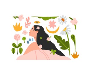 hand drawn vector abstract stock modern graphic,clip art illustration of young boho female character in nature with abstract shapes,leaves,flowers,moon.modern woman design.feminine nature concept.