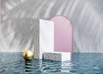 exhibition podium, stand in a pool with clear water for premium product - 3d render. abstract natural,organic background for advertising products, spa body care, relaxation, health.